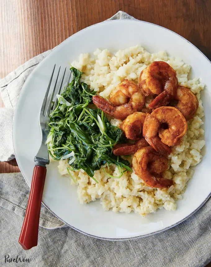 clean eating dinner recipes: shrimp with cauliflower grits' title='65 Clean-Eating Dinner Recipes for the New Year and Beyond