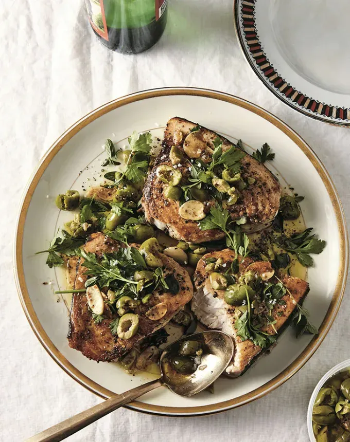 clean eating dinner recipes: swordfish with crushed olives and oregano' title='65 Clean-Eating Dinner Recipes for the New Year and Beyond