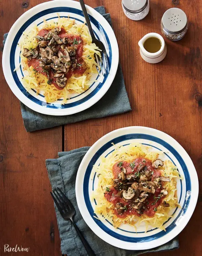 clean eating dinner recipes: vegan spaghetti squash with mushroom marinara' title='65 Clean-Eating Dinner Recipes for the New Year and Beyond
