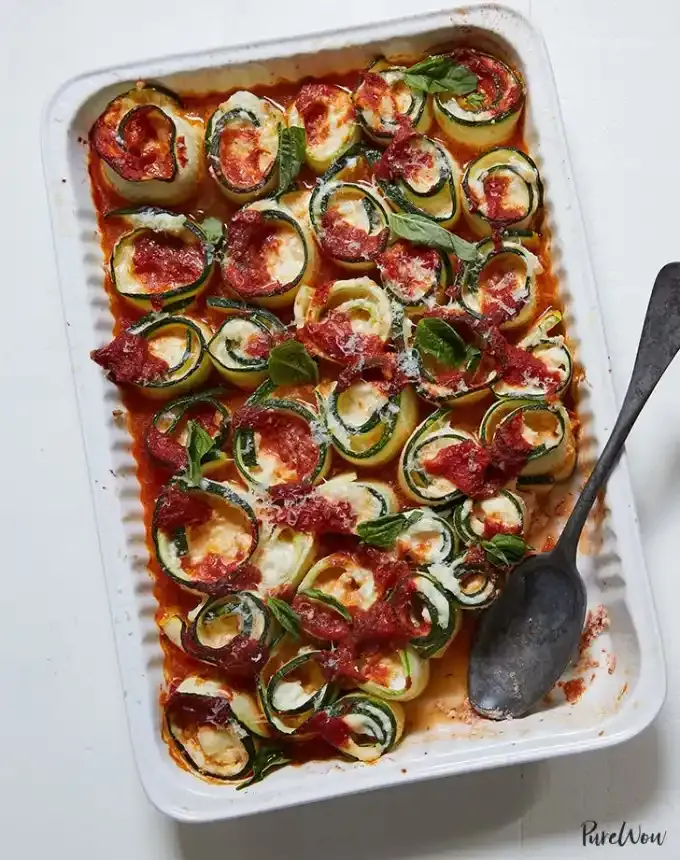 clean eating dinner recipes: baked zucchini ’ziti’ spirals with mozzarella' title='65 Clean-Eating Dinner Recipes for the New Year and Beyond