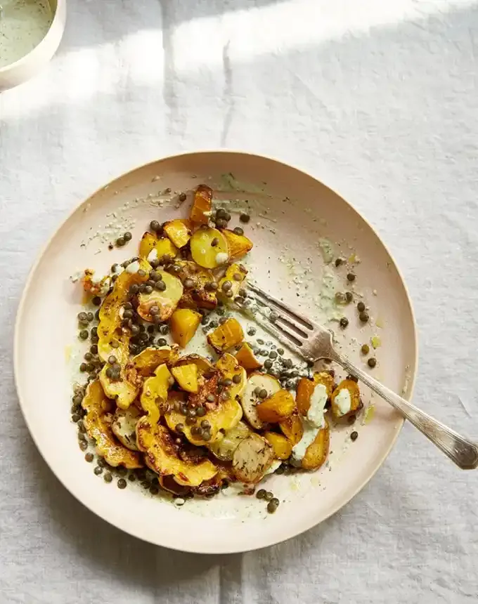 clean eating dinner recipes: roasted vegetable and lentil salad with pine nut cream' title='65 Clean-Eating Dinner Recipes for the New Year and Beyond