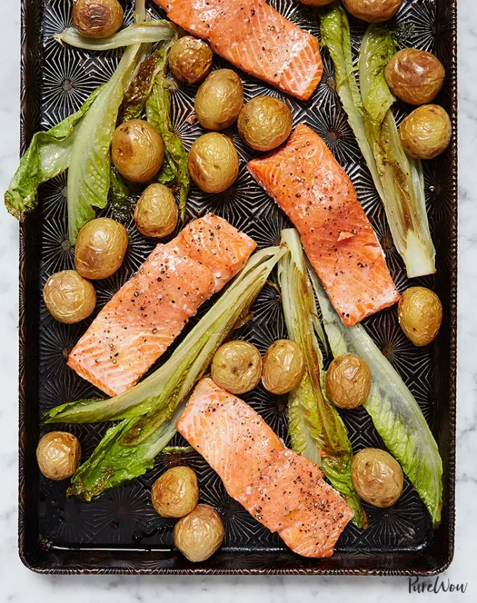 one pan roasted salmon potatoes romaine recipe1' title='93 Easy Summer Dinners That Everyone Will Love (Including Many That Take 30 Minutes or Less)