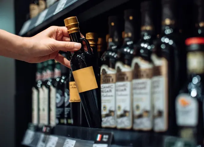 substitute for balsamic vinegar: a hand picking up a bottle of balsamic vinegar off a shelf' fetchpriority='auto' title='Need a Substitute for Balsamic Vinegar? Here Are 4 Clever Swaps