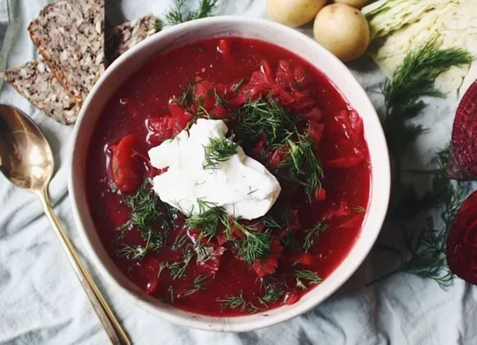 old school jewish recipes: bowl of vegan borscht' title='28 Old-School Jewish Recipes Your Grandma Used to Make from Latkes to Matzoh Ball Soup