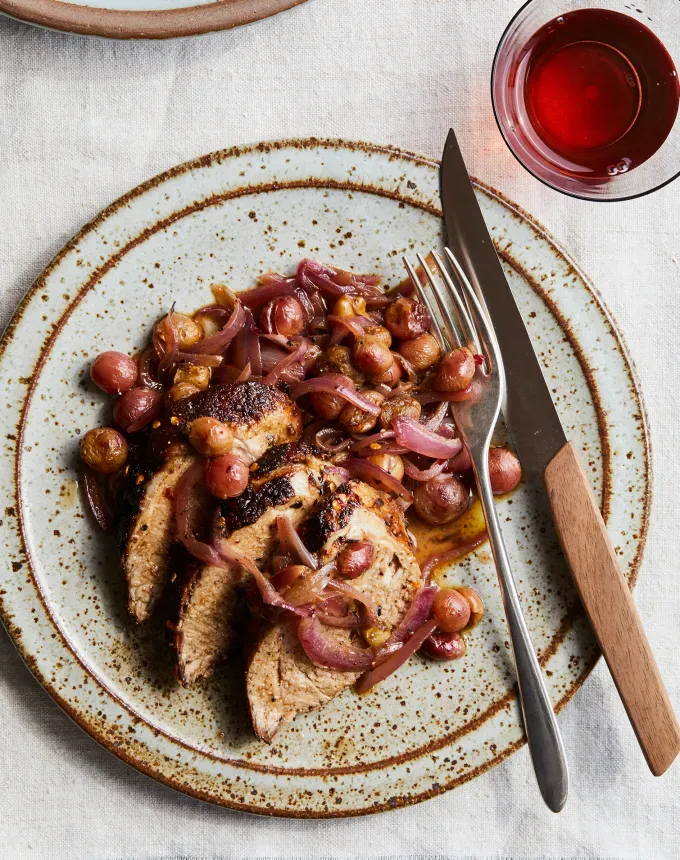 what to serve with polenta: mustardy pork tenderloin with grapes and red onions' title='Wondering What to Serve with Polenta? Here Are 27 Ideas from Hearty to Healthy