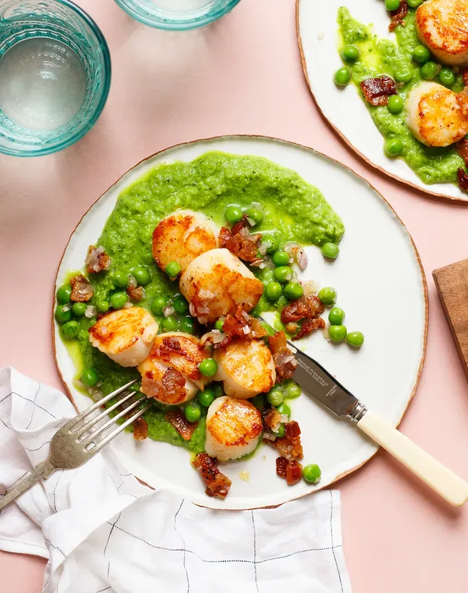 what to serve with polenta: seared scallops with green peas mint and shallots' title='Wondering What to Serve with Polenta? Here Are 27 Ideas from Hearty to Healthy