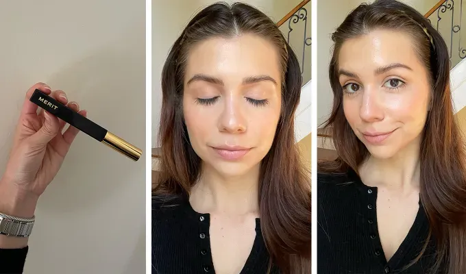 merit beauty review; side by side image of product and the Merit Clean Lash Lengthening Mascara tested on a person' title='I Tested the Merit Beauty Collection and Fell in Love with the Simplicity—Here’s What’s Worth Buying