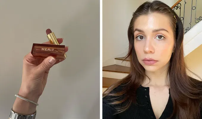 merit beauty review; side by side image of product and the Merit Signature Lip Lightweight Lipstick tested on a person' title='I Tested the Merit Beauty Collection and Fell in Love with the Simplicity—Here’s What’s Worth Buying