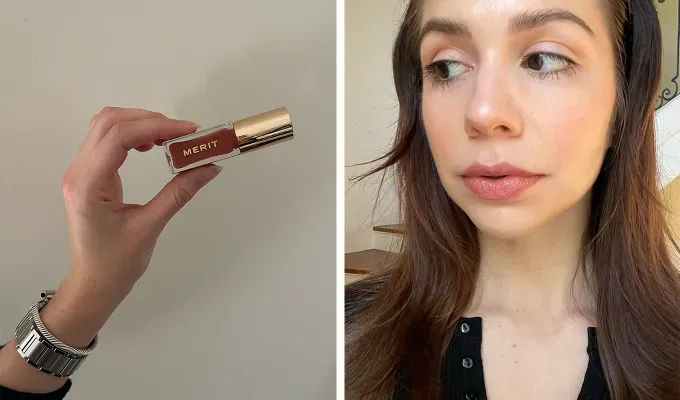 merit beauty review; side by side image of product and the Merit Shade Slick Tinted Lip Oil tested on a person' title='I Tested the Merit Beauty Collection and Fell in Love with the Simplicity—Here’s What’s Worth Buying