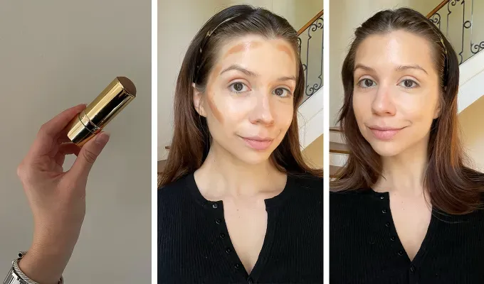 merit beauty review; side by side image of product and the Merit Bronze Balm Sheer Bronzer tested on a person' title='I Tested the Merit Beauty Collection and Fell in Love with the Simplicity—Here’s What’s Worth Buying