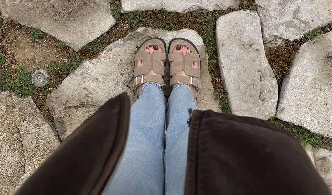 Steve Madden Mayven Slides Review shoes on editor outside' title='Every Time I Wear These $90 Steve Madden Shoes People Think They’re from Hermès