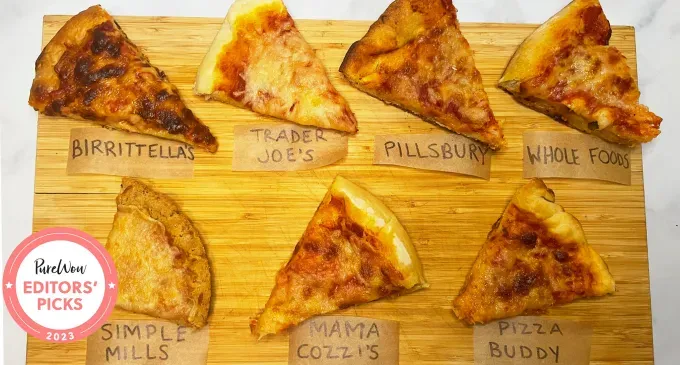 best store-bought pizza dough: a cutting board with seven different slices of pizza each with a label underneath naming the brand of pizza dough' fetchpriority='auto' title='The 7 Best Store-Bought Pizza Doughs Taste-Tested & Reviewed