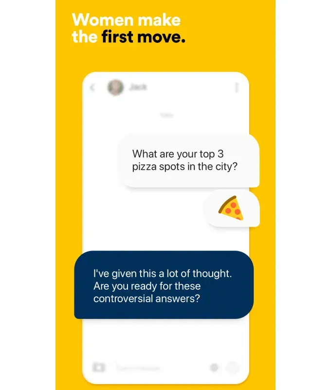 best-dating-apps-for-single-parents: A screenshot of a text conversation on Bumble. The background is bright yellow.' fetchpriority='auto' title='The 12 Best Dating Apps for Single Parents