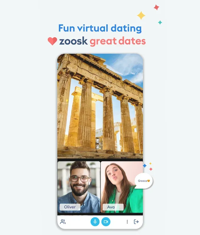 Best Dating Apps for Single Parents Zoosk - A screenshot of two people talking on a web call in a photo of a monument above them.' fetchpriority='auto' title='The 12 Best Dating Apps for Single Parents