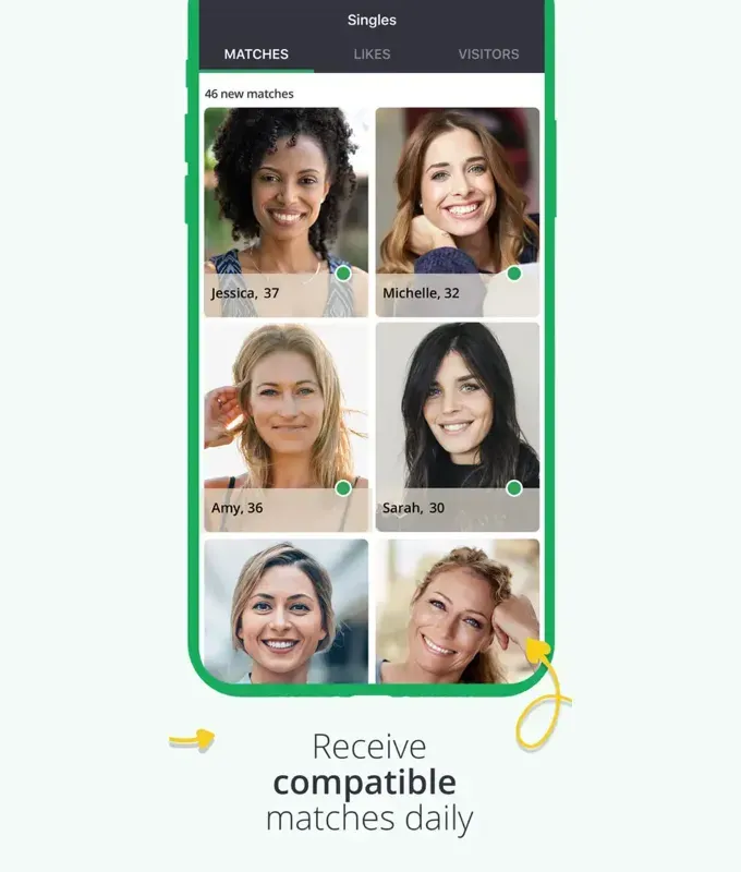Best Dating Apps for Single Parents Elite Singles: A screenshot of potential matches on the app. They are all women and there are green graphics on the screen.' fetchpriority='auto' title='The 12 Best Dating Apps for Single Parents