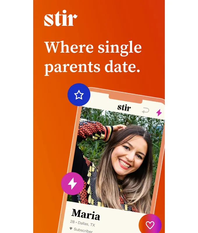 best-dating-apps-for-single-parents: A photograph of a phone showing a woman’s profile from Stir. The is smiling and there are blue and purple graphics on the screen. The background of the photo is orange.' fetchpriority='auto' title='The 12 Best Dating Apps for Single Parents