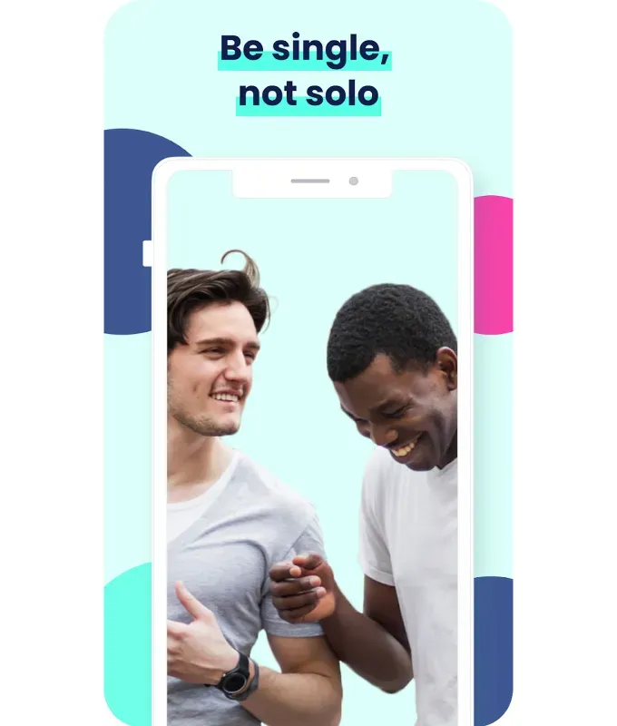 Best Dating Apps for Single Parents Plenty of Fish: A photo of two men laughing together on a turquoise background shaped like a phone. The phone is in front of a darker turquoise background with blue green and purple abstract shapes.' fetchpriority='auto' title='The 12 Best Dating Apps for Single Parents