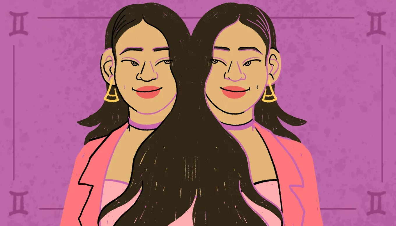 Cheeky illustration of identical twins with long dark hair and a statement earrings back-to-back smirking at each other.' title='Your Weekly Horoscopes: August 24 to 30 2025