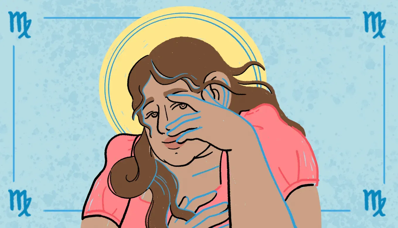 Cheeky illustration with a light blue background of a woman wearing a coral shirt coyly poking out from behind her hands.' title='Your Weekly Horoscopes: August 24 to 30 2025