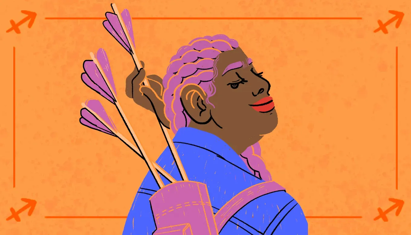 Cheeky illustration of a Black woman with purple hair on an orange background. She’s in a wearing jean jacket with a quiver strapped across her back and arrows sticking out.' title='Your Weekly Horoscopes: August 24 to 30 2025
