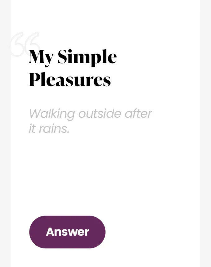 best hinge prompts: my simple pleasures: walking outside after it rains' fetchpriority='auto' title='The 60 Best Hinge Prompts to Use According to Relationship Experts